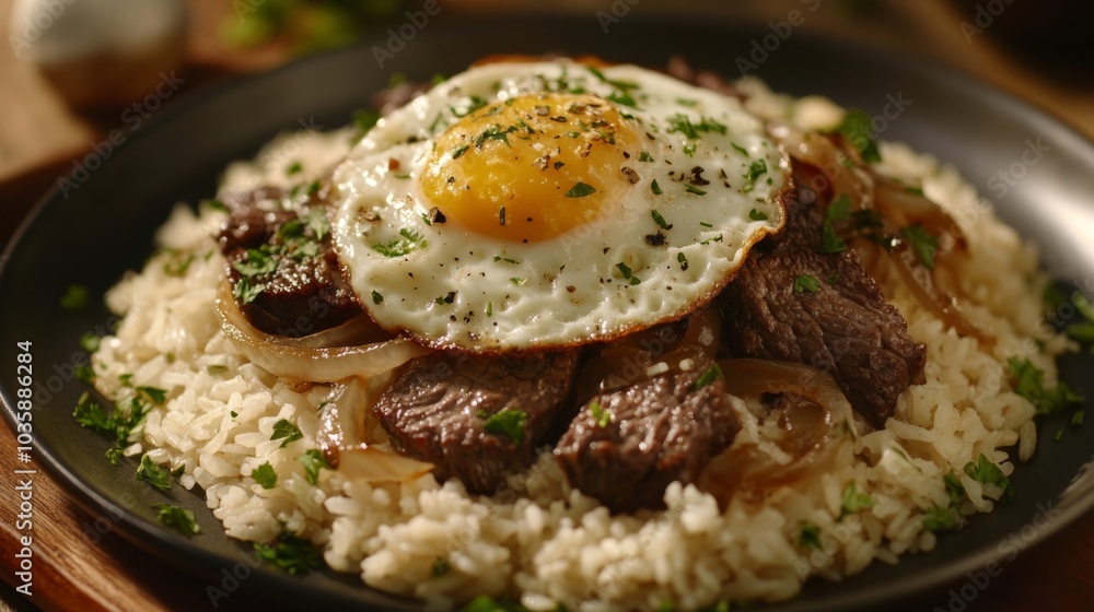 Savory Beef and Egg Dish on Rice Plate Savory Beef and Egg Dish on Rice Plate