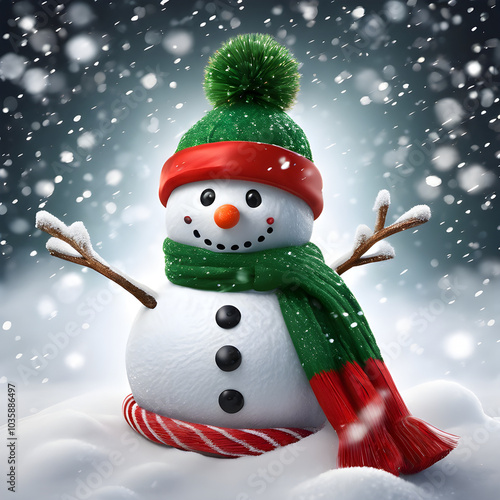 A Christmas snowman wearing a bright red Santa hat and green scarf, with a carrot nose and shiny black coal eyes.