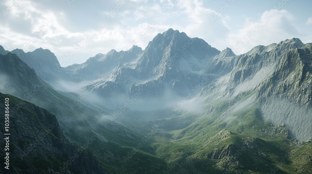 High-angle view of verdant mountains and rocky landscape with a clear blue sky and notable peak High-angle view of verdant mountains and rocky landscape with a clear blue sky and notable peak