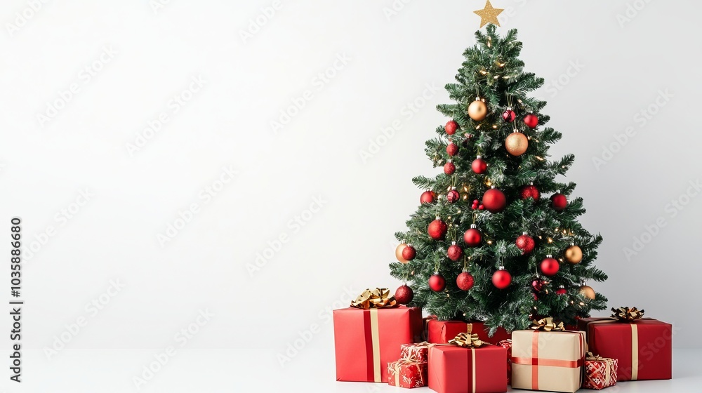 Christmas tree decorated with new year's gifts, isolated on a white background. Christmas tree decorated with new year's gifts, isolated on a white background.