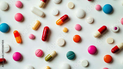 Multicolored medicines and pills lie on a white background close-up generated in AI