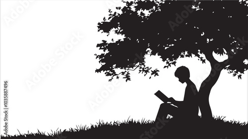 A boy reading under a tree, his shadow forming an outline of him and his book on the ground. white background.

