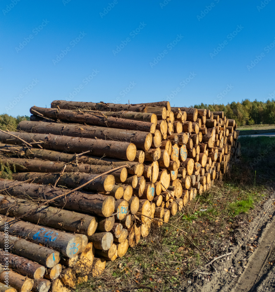 Wooden logs stacked in a forest beside a dirt road, showcasing timber. A clear blue sky in the background highlights the natural beauty of the area. Wooden logs stacked in a forest beside a dirt road, showcasing timber. A clear blue sky in the background highlights the natural beauty of the area.