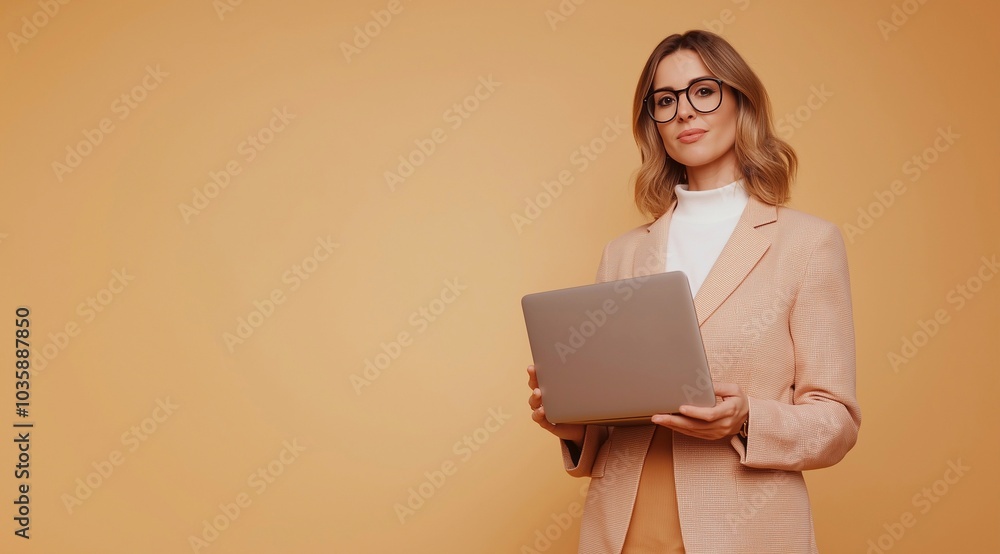 Happy mature business woman using laptop standing isolated on beige background. Middle aged professional businesswoman ceo executive holding computer. Happy mature business woman using laptop standing isolated on beige background. Middle aged professional businesswoman ceo executive holding computer.