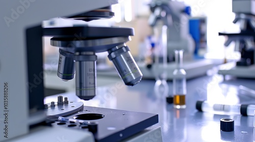 High-definition macro shot of precision lab instruments on a clean table, highlighting sharp details and textures