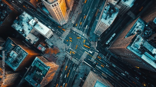 An aerial view of a busy city intersection with tall buildings and traffic.