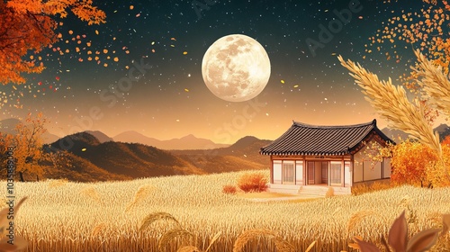 The ancient Korean holiday of Chuseok is celebrated with a thank-you banner and greeting card background with rice ears, a tiled house, and an abundant autumn full moon.