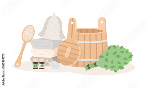Sauna, bathhouse tools illustration in cartoon flat style. Brooms, font, towels. Vector illustration