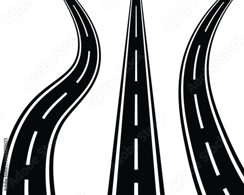 Set of winding roads with white markings. Vector illustration isolated on white background.