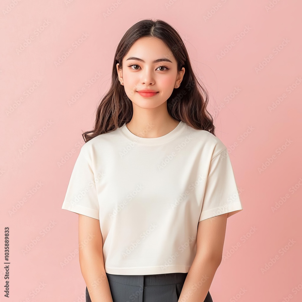 Girl wearing cream crop t-shirt, soft lighting studio background, minimalistic mockup Girl wearing cream crop t-shirt, soft lighting studio background, minimalistic mockup