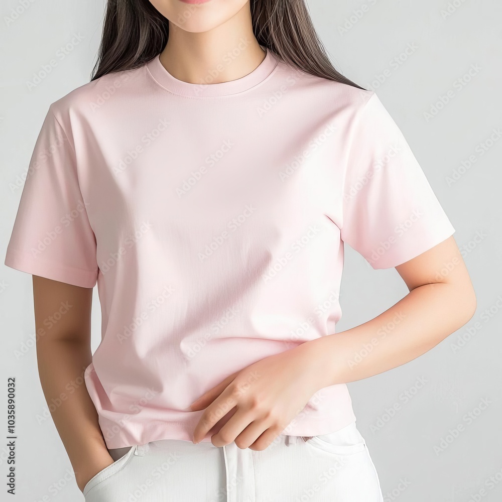 Girl wearing pastel pink crop t-shirt, soft studio lighting, modern mockup Girl wearing pastel pink crop t-shirt, soft studio lighting, modern mockup