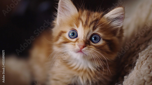 Beautiful fluffy cute ginger kitten with blue eyes on a dark background created by AI 