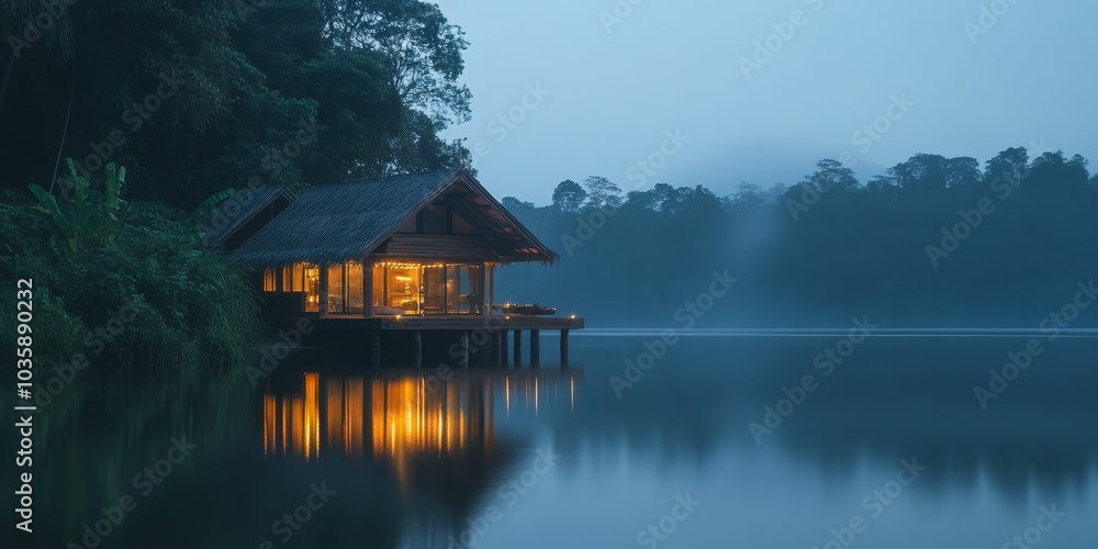 Fototapeta premium Lighted cabin on stilts over water.