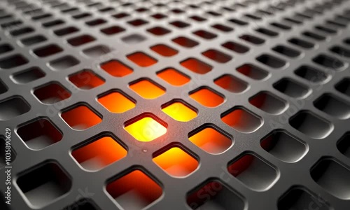 black matte 3D panel with a pattern of squares with internal glow