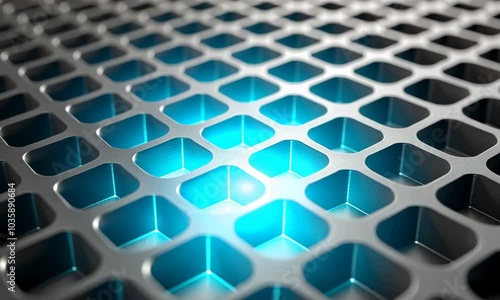 black matte 3D panel with a pattern of squares with internal glow