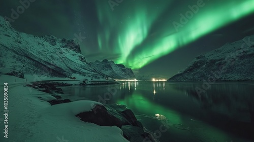 Lofoten, Norway: Winter night, northern lights over the snow-capped mountains, frozen sea, reflection in the water. Snowy rocks and the aurora borealis. Scenery including a fjord, road, starry sky