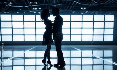 silhouettes of a man and a woman dancing on a background of white screens