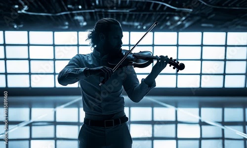 a man plays the violin against a background of white screens