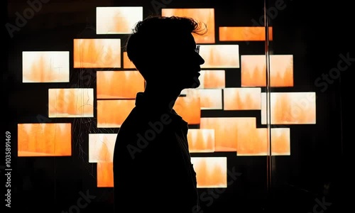 human head in profile against a background of illuminated screens