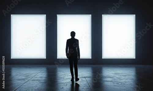 mockup, silhouettes of people walking on the background of white screens