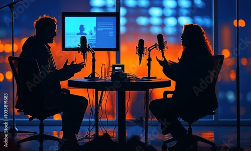 podcast recording studio and silhouettes of people