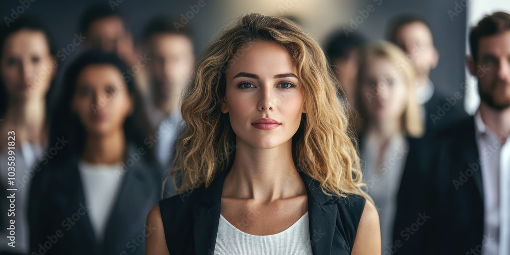 Businesswoman standing out from the crowd in office Businesswoman standing out from the crowd in office
