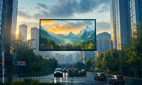 a screen with a broadcast of nature and mountains hangs on the street of a big city in an industrial environment