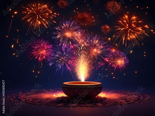 Bright festive fireworks exploding in the night sky, with decorative Diya in the foreground, creating a stunning and colorful celebration atmosphere during a festival 