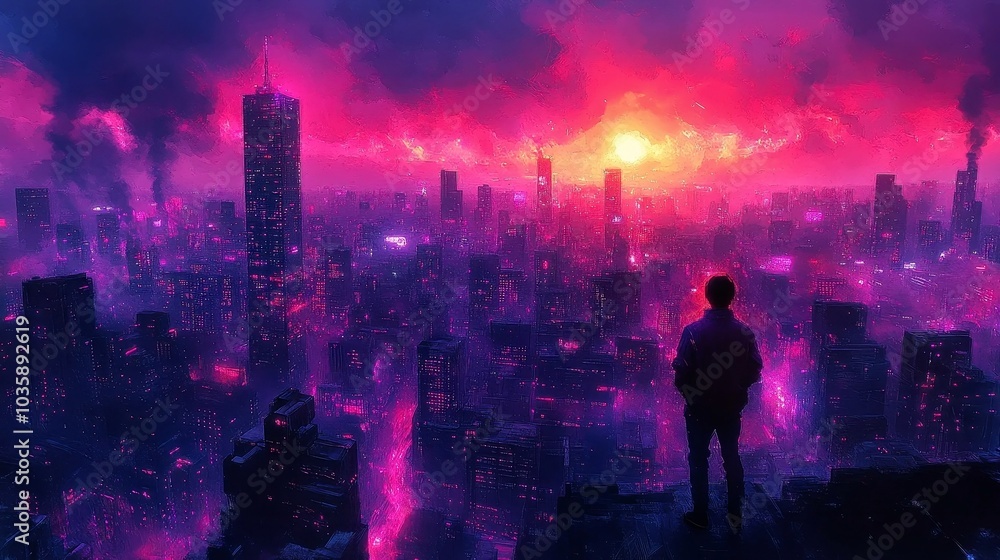 Stunning Urban Sunset with a Silhouette in a Sci-Fi Cityscape Stunning Urban Sunset with a Silhouette in a Sci-Fi Cityscape