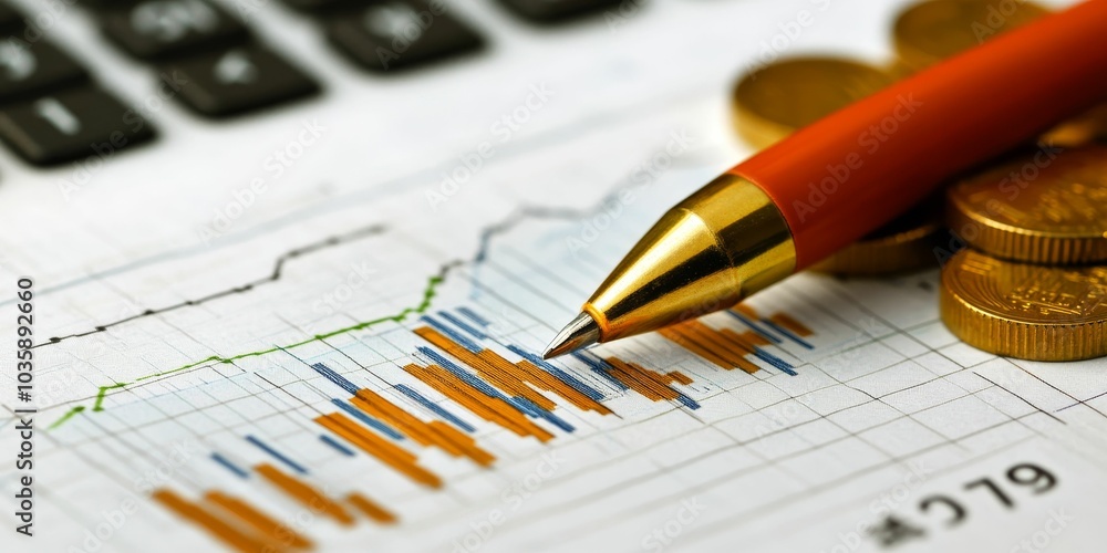 Financial chart with pen and coins. Financial chart with pen and coins.