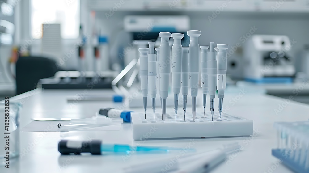 Precision lab tools in focus on a white laboratory bench, captured with clarity and high definition Precision lab tools in focus on a white laboratory bench, captured with clarity and high definition