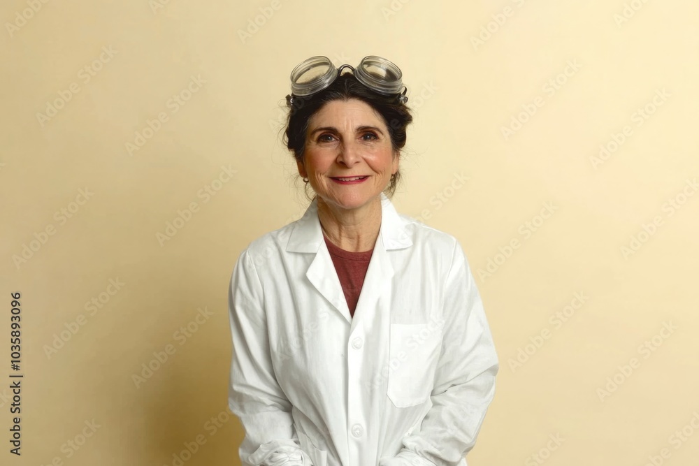 Smiling woman scientist in lab coat with safety goggles against beige background Smiling woman scientist in lab coat with safety goggles against beige background