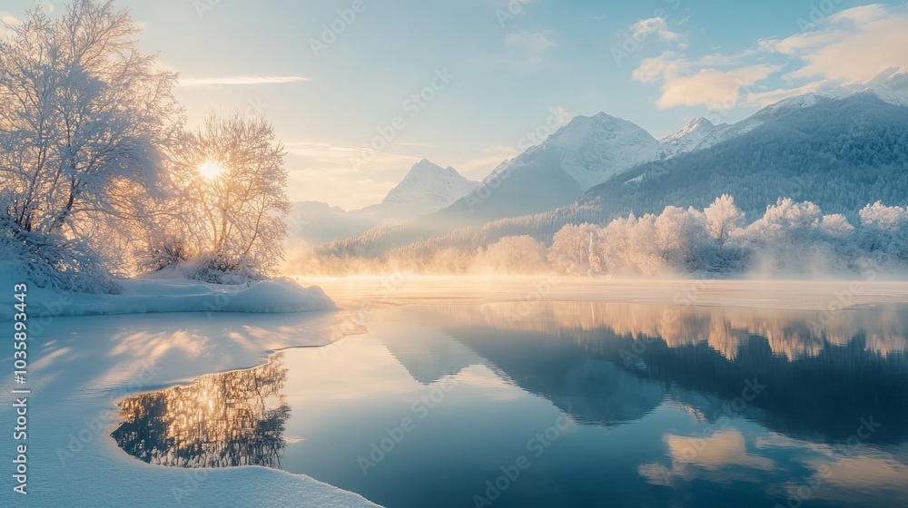 Fototapeta premium Sunrise over winter mountains. Gorgeous scene of snowy nature under the sun. Beautiful mountain clear frozen lake early in the day.