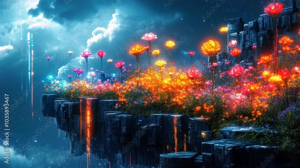 Vibrant Fantasy Landscape with Neon Flowers in Dark Sky Vibrant Fantasy Landscape with Neon Flowers in Dark Sky