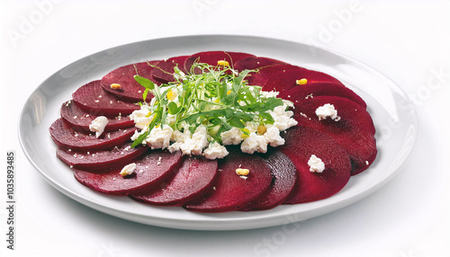 Thinly sliced beetroots arranged circularly on a plate with crumbled goat cheese and arugula.  White background. No actions. Elegant, fresh. Healthy dish. photo