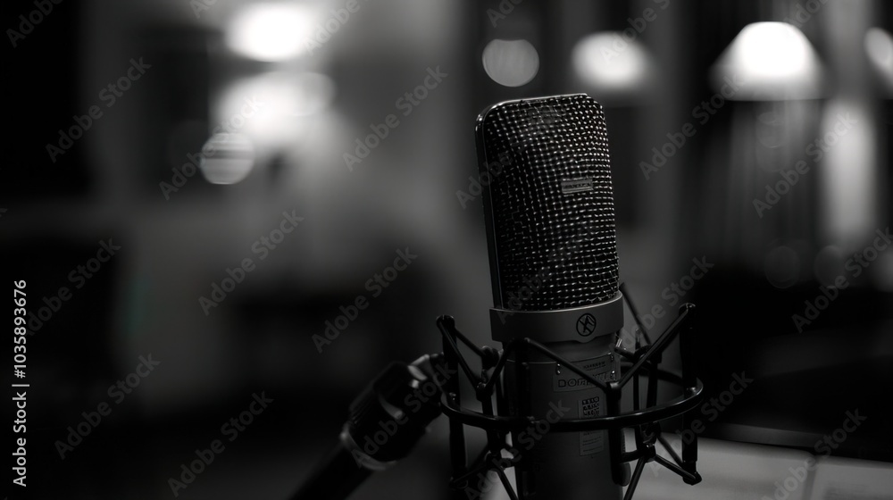 Close-up of microphone on stand in soundproof recording studio, positioned in front of script stand, symbolizing voice acting and audio production. Close-up of microphone on stand in soundproof recording studio, positioned in front of script stand, symbolizing voice acting and audio production.