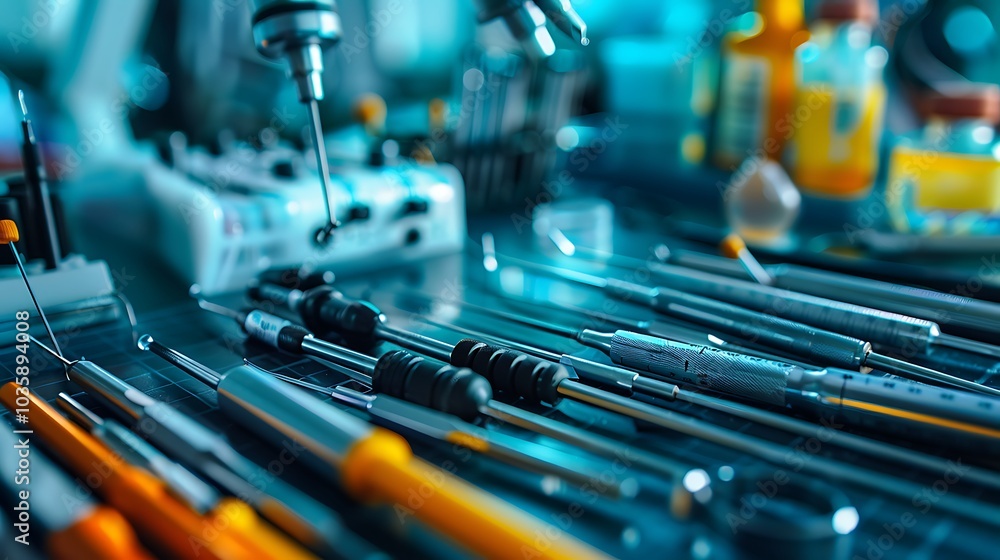 Precision scientific tools photographed in high resolution, emphasizing sharp lines and detailed textures Precision scientific tools photographed in high resolution, emphasizing sharp lines and detailed textures