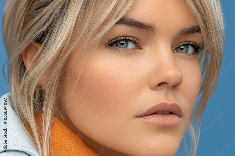 Close-up portrait of a woman with blonde hair and blue eyes on a blue background Close-up portrait of a woman with blonde hair and blue eyes on a blue background