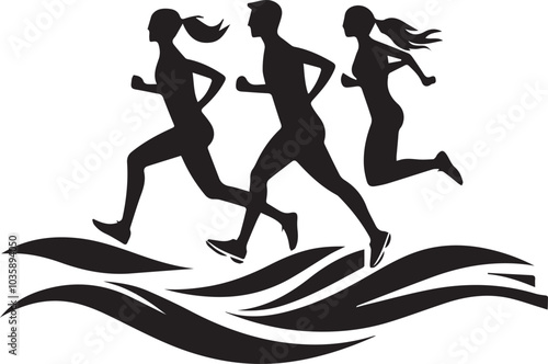 Simple logo of two man running runners and woman front view minimalist sea aesthetic for a running race on a white background
