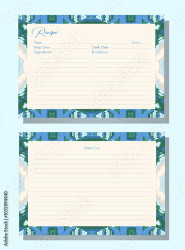 Recipe cards with blue and white border for organizing and sharing family kitchen recipes. Intricate geometric shapes and patterns. Sections for recipe name, ingredients, instructions, and servings. 