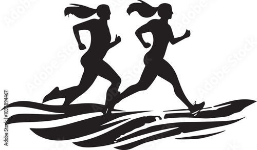 Simple logo of two man running runners and woman front view minimalist sea aesthetic for a running race on a white background

