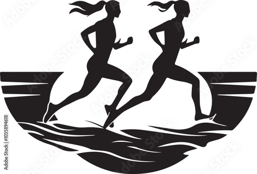 Simple logo of two man running runners and woman front view minimalist sea aesthetic for a running race on a white background
