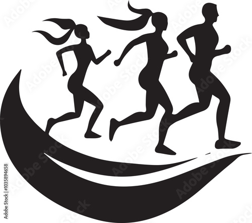 Simple logo of two man running runners and woman front view minimalist sea aesthetic for a running race on a white background
