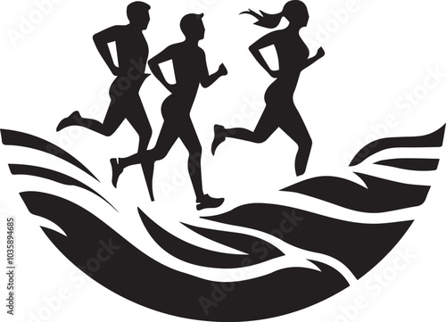 Simple logo of two man running runners and woman front view minimalist sea aesthetic for a running race on a white background
