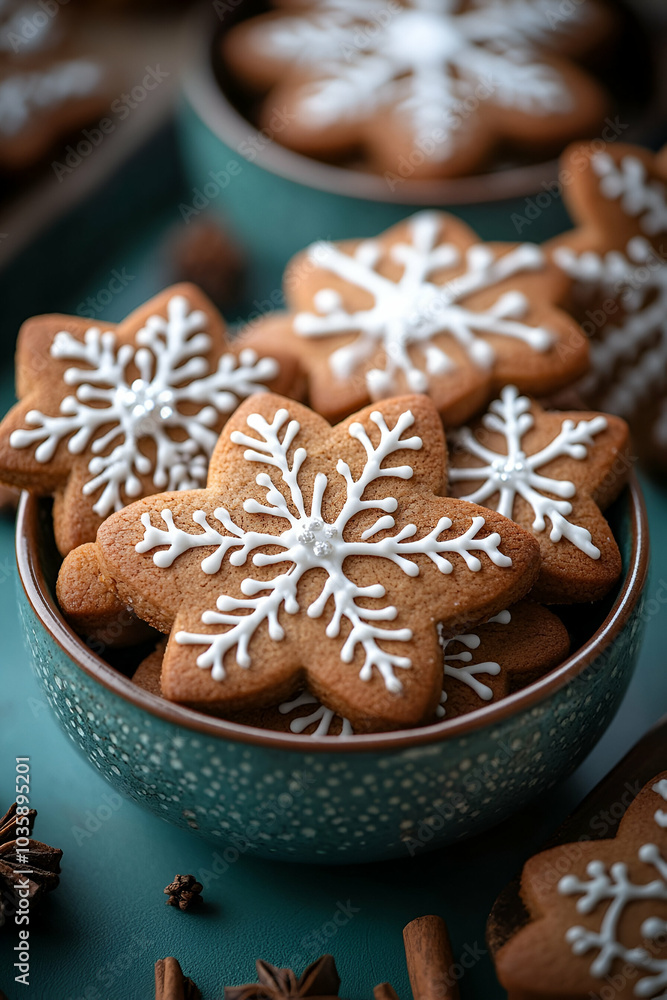 Delicious snowflake-shaped cookies with intricate white icing, beautifully arranged in a teal bowl, perfect for festive celebrations. Delicious snowflake-shaped cookies with intricate white icing, beautifully arranged in a teal bowl, perfect for festive celebrations.