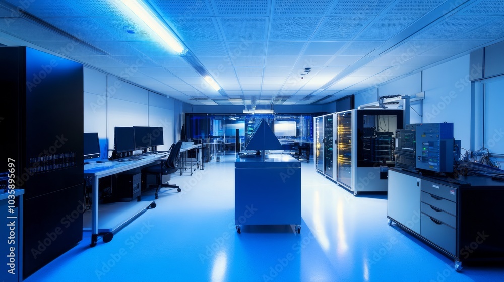 A cutting-edge quantum computing research facility, modern and secure with advanced computers, Scientific style A cutting-edge quantum computing research facility, modern and secure with advanced computers, Scientific style