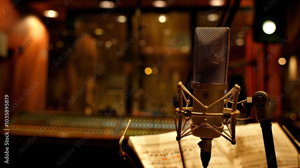 Close-up of microphone on stand in soundproof recording studio, positioned in front of script stand, symbolizing voice acting and audio production. Close-up of microphone on stand in soundproof recording studio, positioned in front of script stand, symbolizing voice acting and audio production.