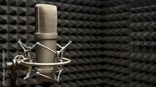 Close-up of microphone on stand in soundproof recording studio, positioned in front of script stand, symbolizing voice acting and audio production.