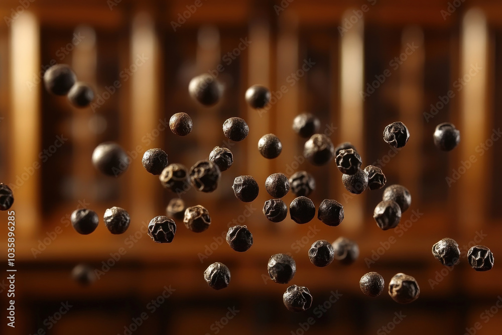 Floating Black Peppercorns in Focus Floating Black Peppercorns in Focus