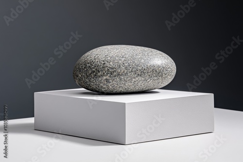 A solitary gray stone resting on a white surface, creating a minimalist composition photo